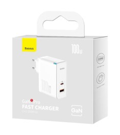 СЗУ-адаптер Baseus GaN5 Pro 100W (Type-C / USB) + кабель Type-C - Type-C (Белый)..